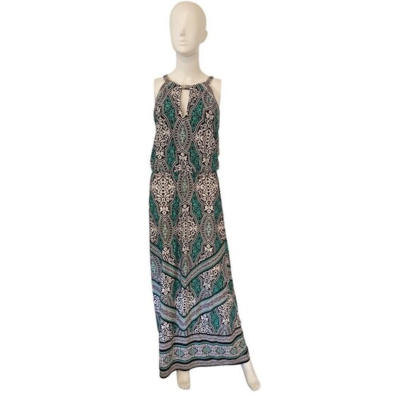 WHITE HOUSE BLACK MARKET WOMEN'S BLACK AND TEAL BLOUSON GEO MAXI DRESS SZ S - Picture 1 of 5